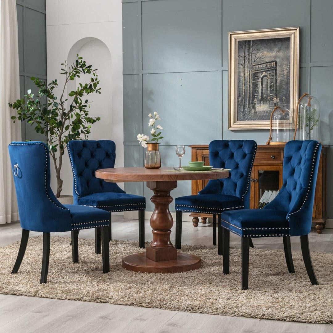 2x Velvet Dining Chairs Upholstered Tufted Kithcen Chair with Solid Wood Legs Stud Trim and Ring-Blue - John Cootes
