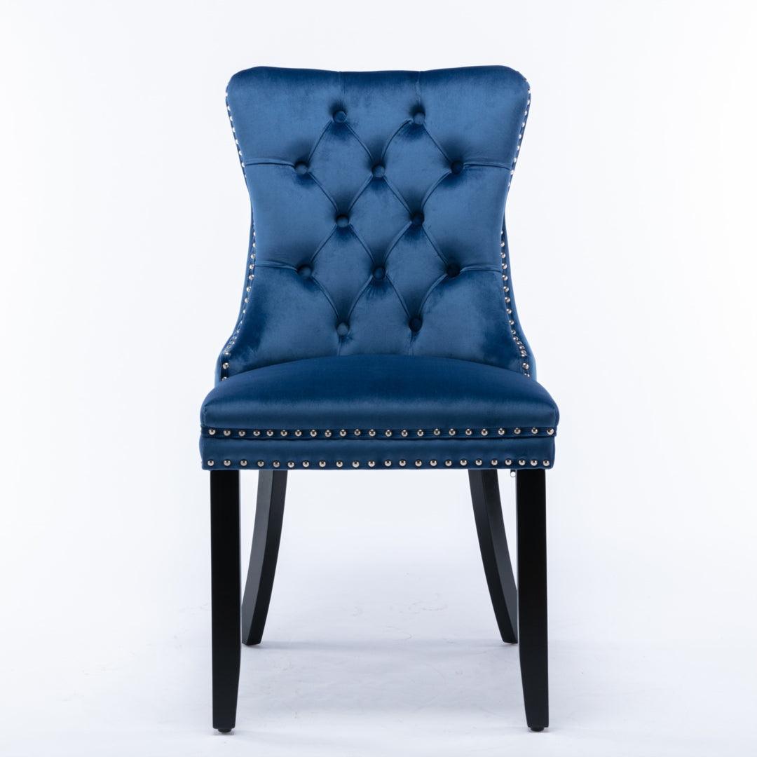 2x Velvet Dining Chairs Upholstered Tufted Kithcen Chair with Solid Wood Legs Stud Trim and Ring-Blue - John Cootes