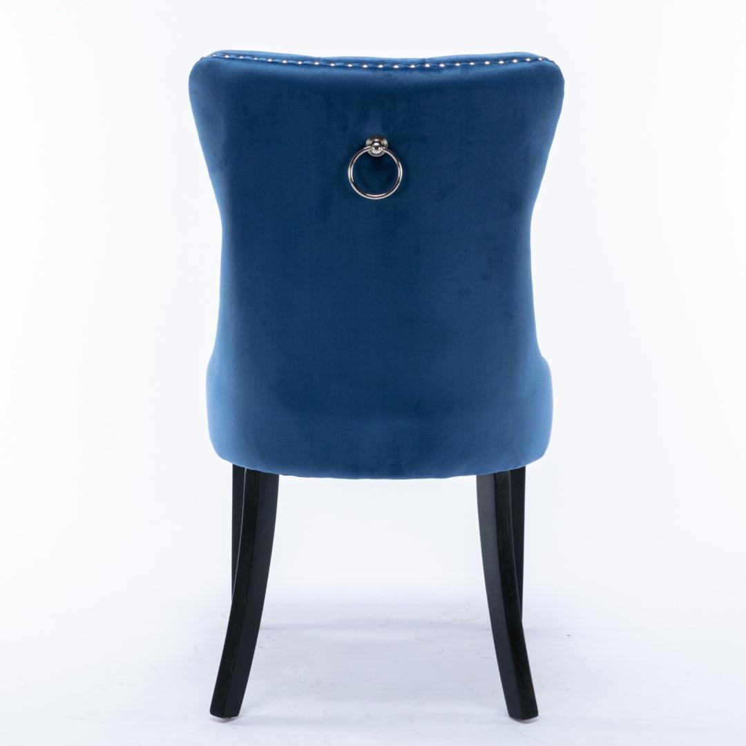 2x Velvet Dining Chairs Upholstered Tufted Kithcen Chair with Solid Wood Legs Stud Trim and Ring-Blue - John Cootes