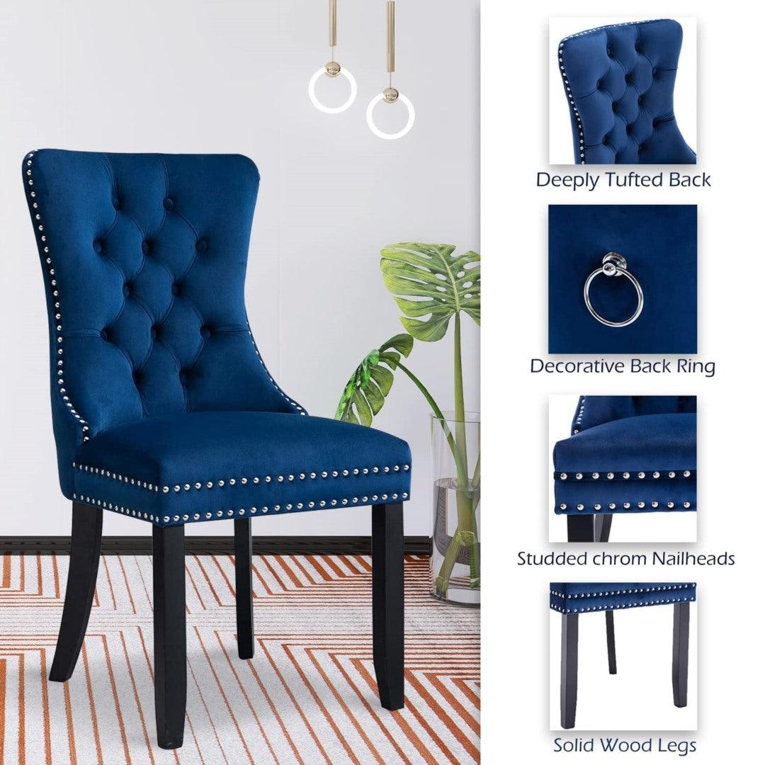 2x Velvet Dining Chairs Upholstered Tufted Kithcen Chair with Solid Wood Legs Stud Trim and Ring-Blue - John Cootes
