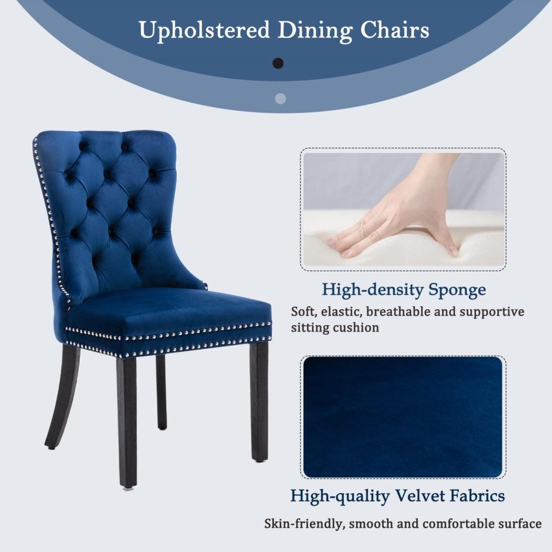 2x Velvet Dining Chairs Upholstered Tufted Kithcen Chair with Solid Wood Legs Stud Trim and Ring-Blue - John Cootes