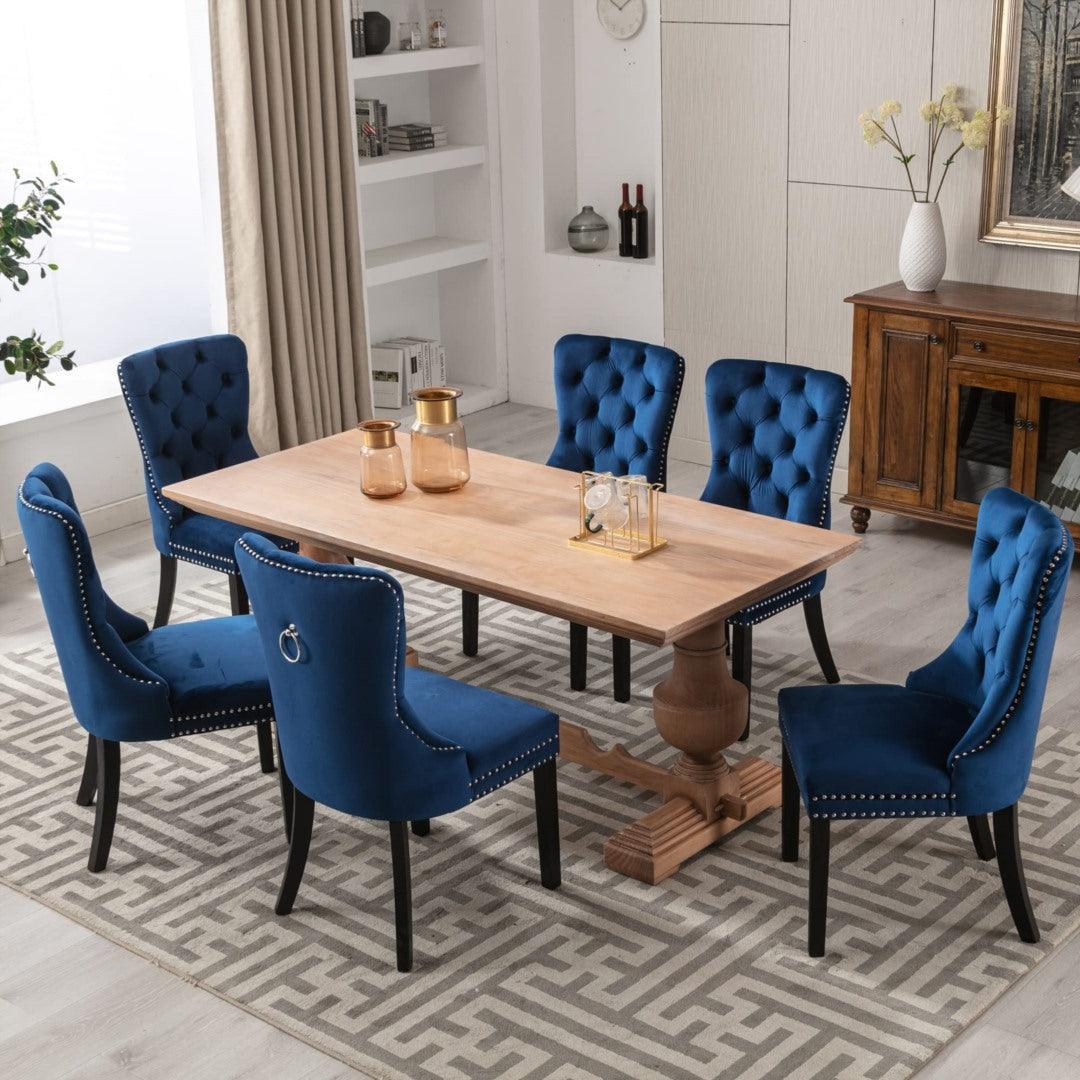 2x Velvet Dining Chairs Upholstered Tufted Kithcen Chair with Solid Wood Legs Stud Trim and Ring-Blue - John Cootes