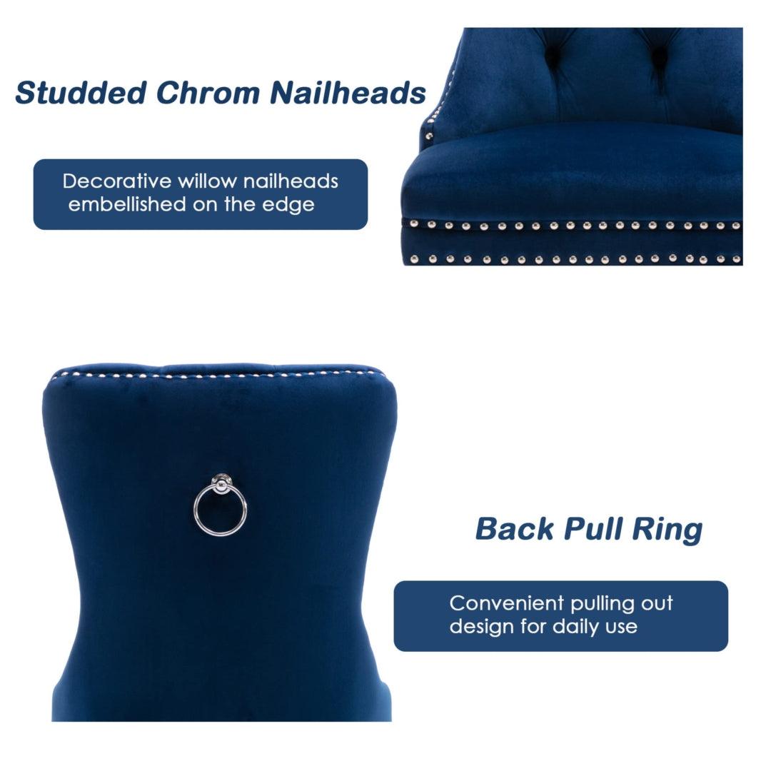2x Velvet Dining Chairs Upholstered Tufted Kithcen Chair with Solid Wood Legs Stud Trim and Ring-Blue - John Cootes