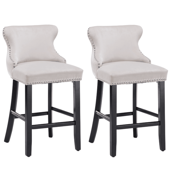 2x Velvet Upholstered Button Tufted Bar Stools with Wood Legs and Studs-Beige - John Cootes