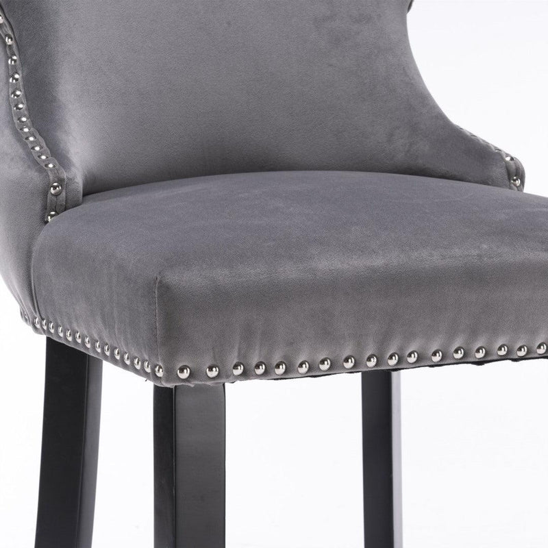 2x Velvet Upholstered Button Tufted Bar Stools with Wood Legs and Studs-Grey - John Cootes