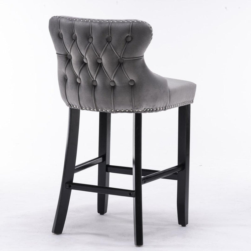 2x Velvet Upholstered Button Tufted Bar Stools with Wood Legs and Studs-Grey - John Cootes