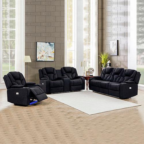 3+2+1 Seater Electric Recliner Stylish Rhino Fabric Black Lounge Armchair with LED Features - John Cootes