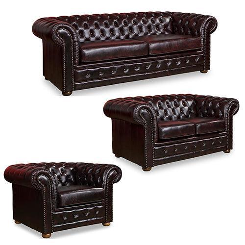 3+2+1 Seater Genuine Leather Upholstery Deep Quilting Pocket Spring Button Studding Sofa Lounge Set for Living Room Couch In Burgandy Colour - John Cootes