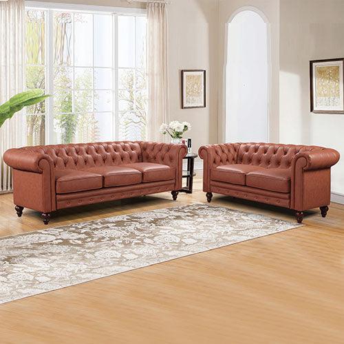 3+2 Seater Brown Sofa Lounge Chesterfireld Style Button Tufted in Faux Leather - John Cootes