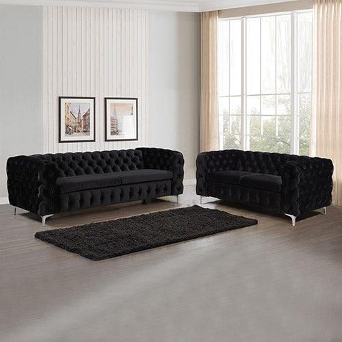 3+2 Seater Sofa Classic Button Tufted Lounge in Black Velvet Fabric with Metal Legs - John Cootes