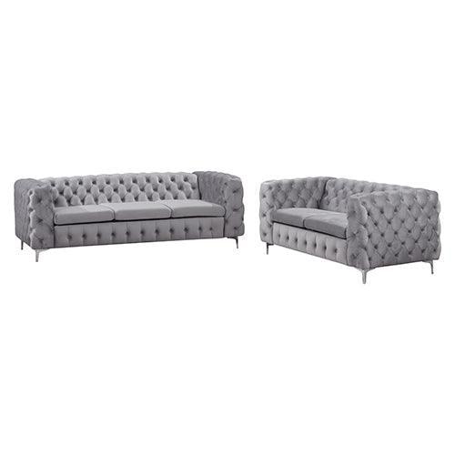3+2 Seater Sofa Classic Button Tufted Lounge in Grey Velvet Fabric with Metal Legs - John Cootes
