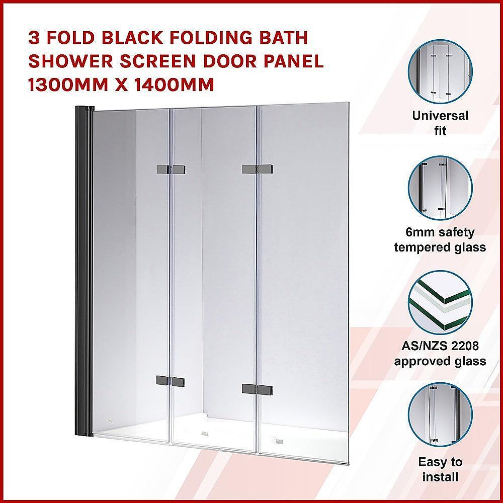 3 Fold Black Folding Bath Shower Screen Door Panel 1300mm x 1400mm - John Cootes