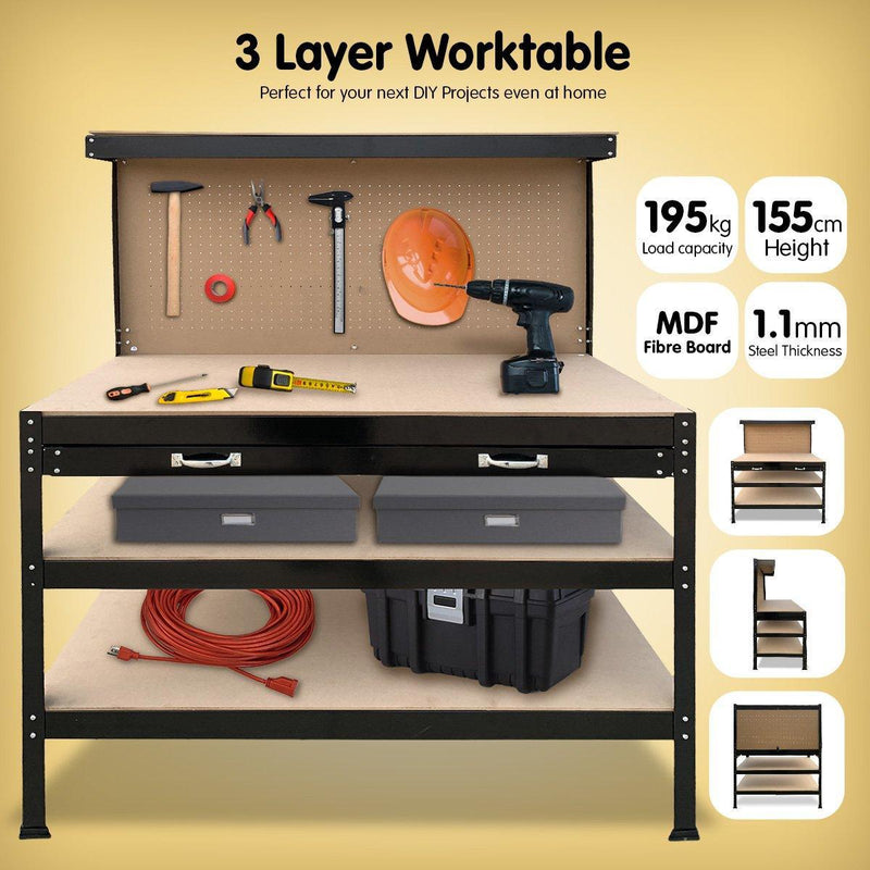 3-layer Steel Work Bench Garage Storage Table Tool Shop Shelf Pegboard Drawer - John Cootes
