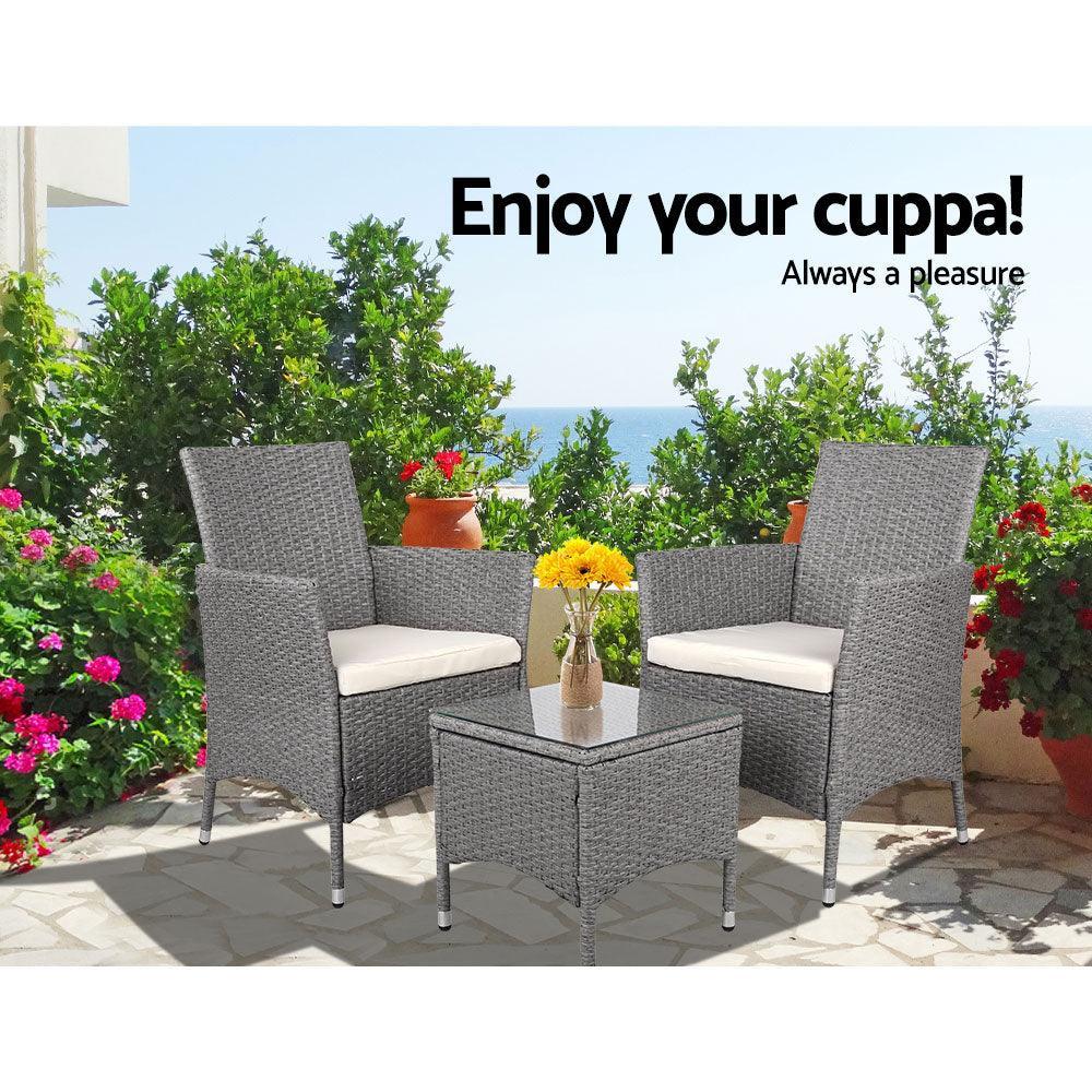 3 Piece Wicker Outdoor Chair Side Table Furniture Set - Grey - John Cootes