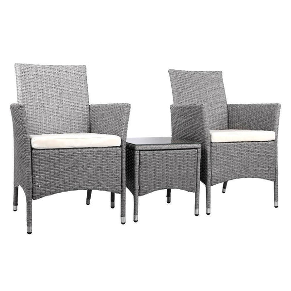 3 Piece Wicker Outdoor Chair Side Table Furniture Set - Grey - John Cootes