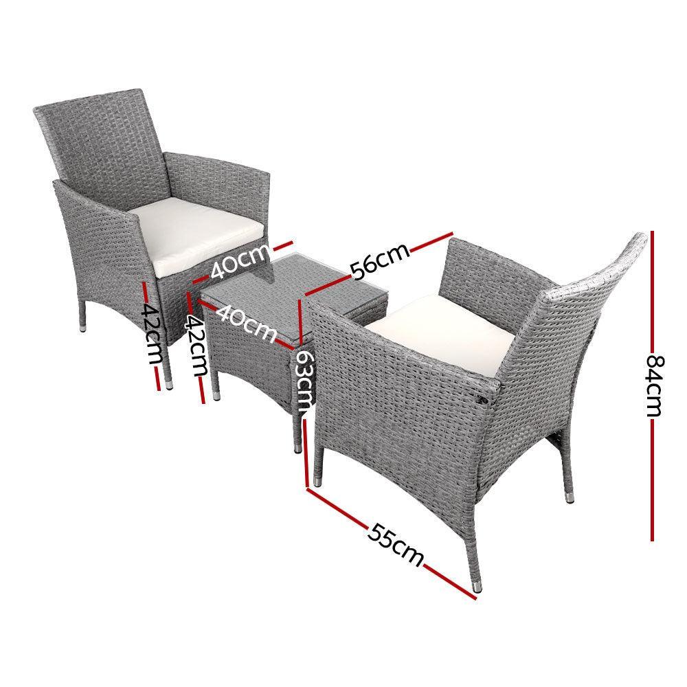 3 Piece Wicker Outdoor Chair Side Table Furniture Set - Grey - John Cootes