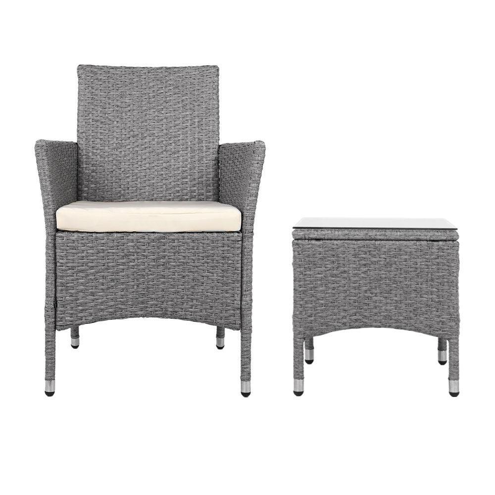 3 Piece Wicker Outdoor Chair Side Table Furniture Set - Grey - John Cootes