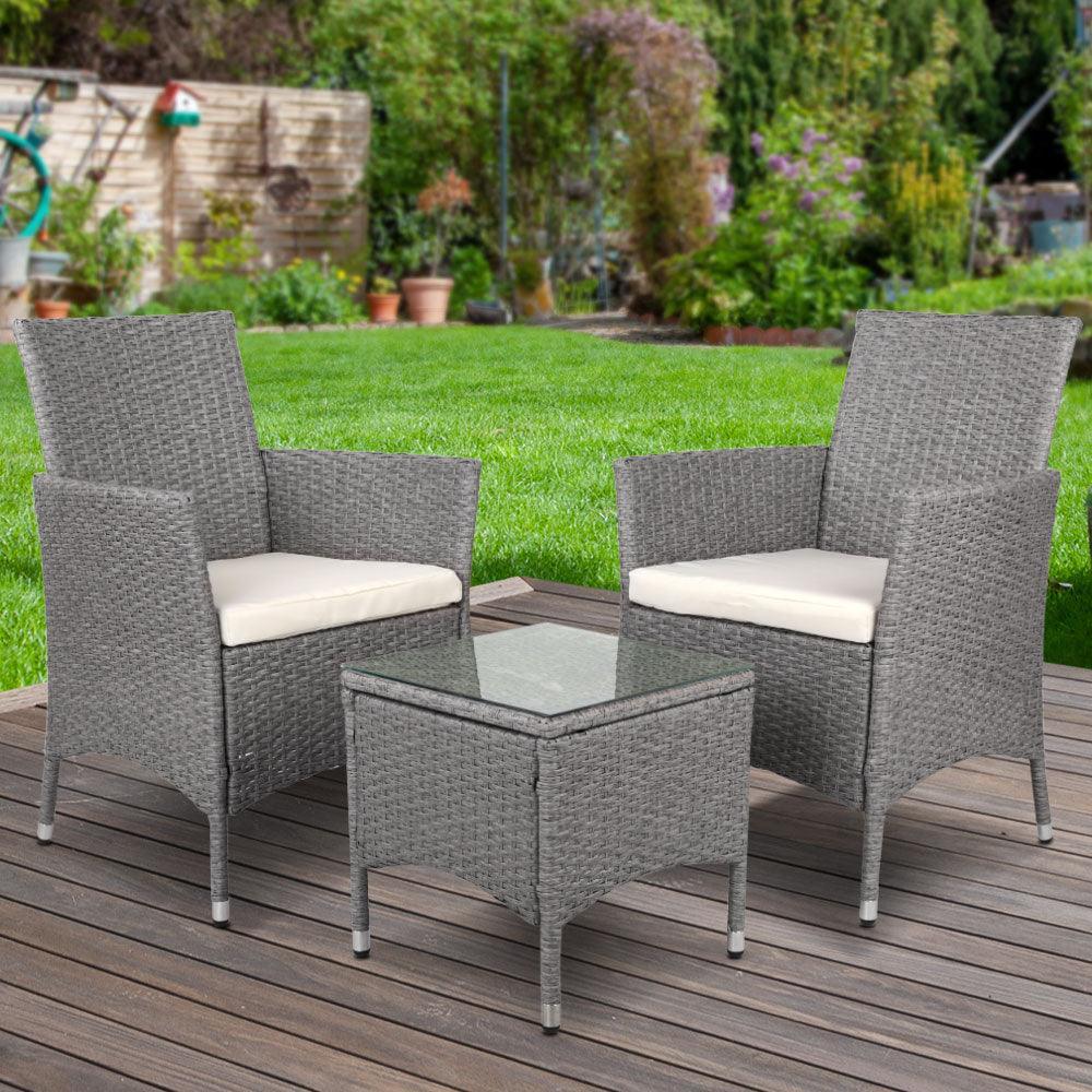 3 Piece Wicker Outdoor Chair Side Table Furniture Set - Grey - John Cootes