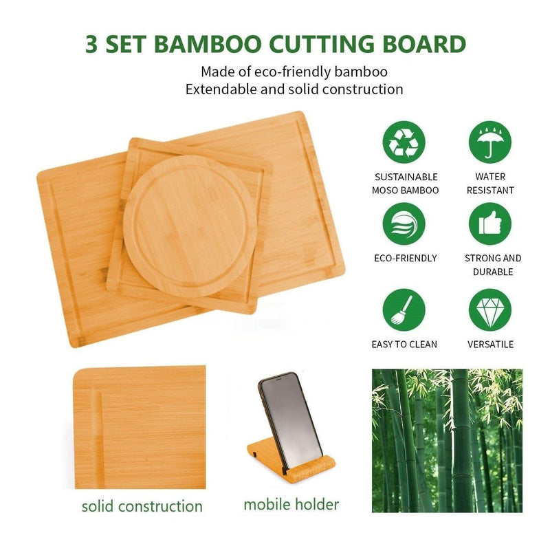 3 Pieces Bamboo Cutting Board with Juice Groove and Mobile Holder included for Home Kitchen - John Cootes