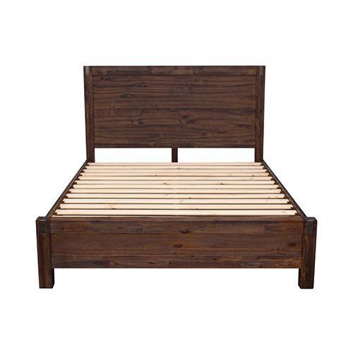 3 Pieces Bedroom Suite in Solid Wood Veneered Acacia Construction Timber Slat Double Size Chocolate Colour Bed, Bedside Table - John Cootes