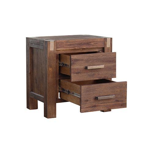 3 Pieces Bedroom Suite in Solid Wood Veneered Acacia Construction Timber Slat Double Size Chocolate Colour Bed, Bedside Table - John Cootes