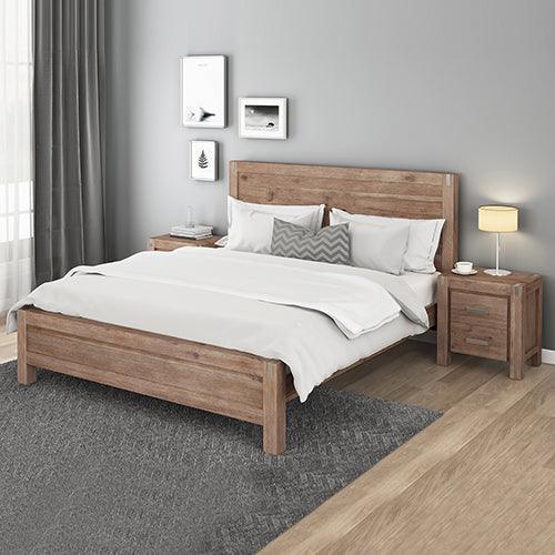 3 Pieces Bedroom Suite in Solid Wood Veneered Acacia Construction Timber Slat King Size Oak Colour Bed, Bedside Table - John Cootes