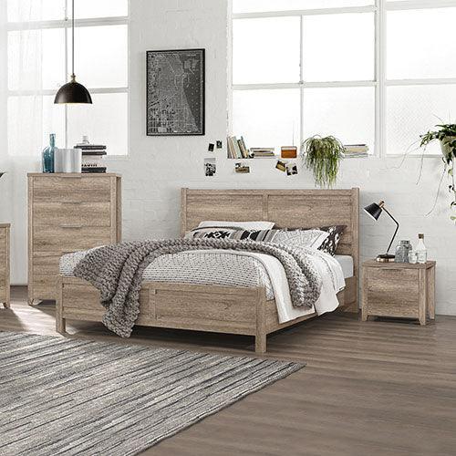 3 Pieces Bedroom Suite Natural Wood Like MDF Structure Double Size Oak Colour Bed, Bedside Table - John Cootes