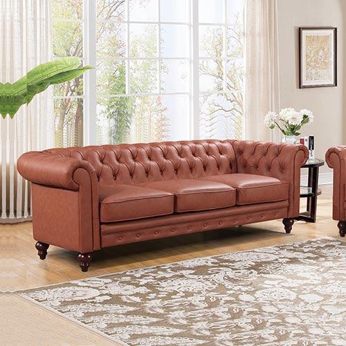 3 Seater Brown Sofa Lounge Chesterfireld Style Button Tufted in Faux Leather - John Cootes