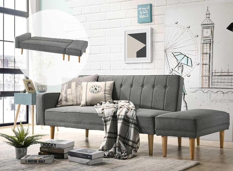 3 Seater Fabric Sofa Bed with Ottoman - Light Grey - John Cootes