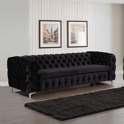 3 Seater Sofa Classic Button Tufted Lounge in Black Velvet Fabric with Metal Legs - John Cootes