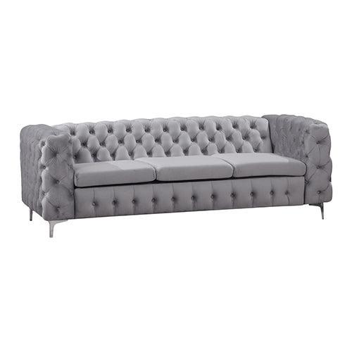 3 Seater Sofa Classic Button Tufted Lounge in Grey Velvet Fabric with Metal Legs - John Cootes