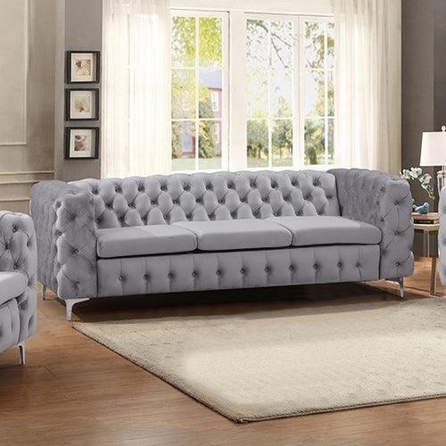 3 Seater Sofa Classic Button Tufted Lounge in Grey Velvet Fabric with Metal Legs - John Cootes