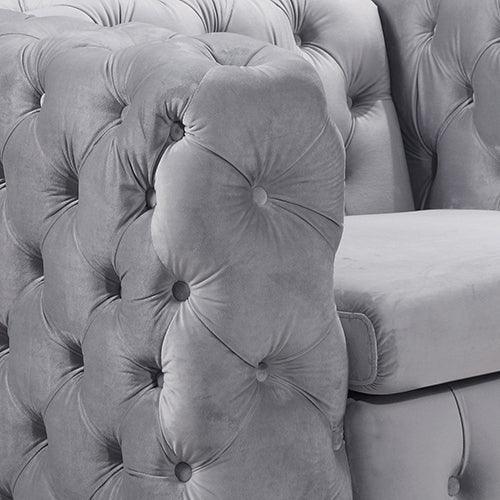 3 Seater Sofa Classic Button Tufted Lounge in Grey Velvet Fabric with Metal Legs - John Cootes