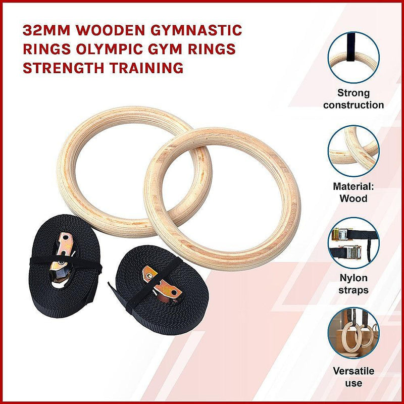32mm Wooden Gymnastic Rings Olympic Gym Rings Strength Training - John Cootes