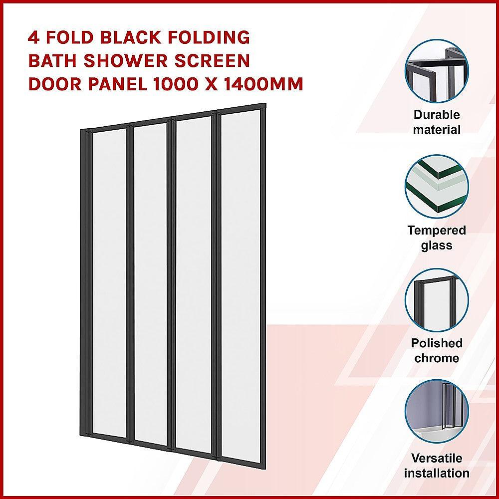 4 Fold Black Folding Bath Shower Screen Door Panel 1000 x 1400mm - John Cootes