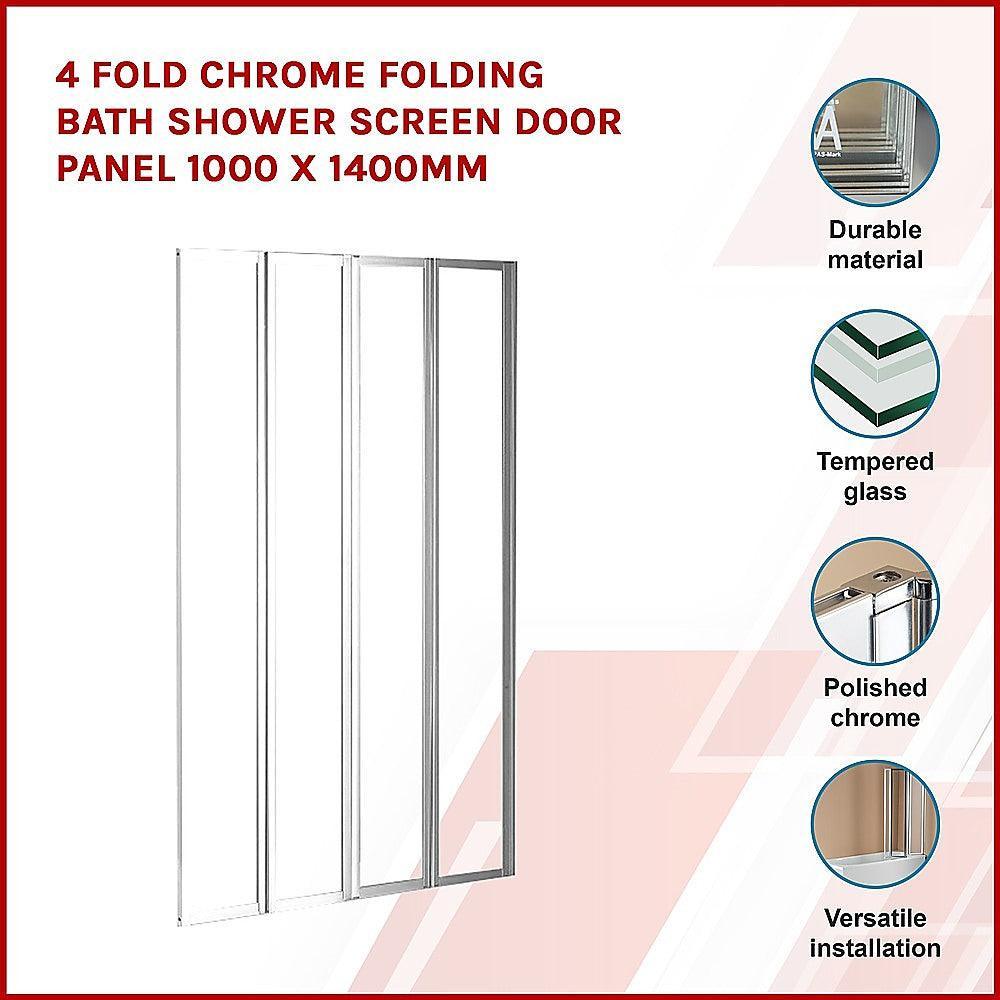 4 Fold Chrome Folding Bath Shower Screen Door Panel 1000 x 1400mm - John Cootes