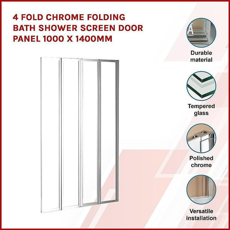 4 Fold Chrome Folding Bath Shower Screen Door Panel 1000 x 1400mm - John Cootes