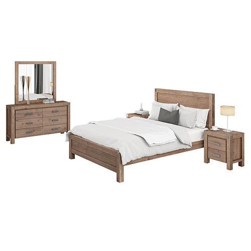 4 Pieces Bedroom Suite in Solid Wood Veneered Acacia Construction Timber Slat Double Size Oak Colour Bed, Bedside Table & Dresser - John Cootes