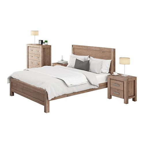 4 Pieces Bedroom Suite in Solid Wood Veneered Acacia Construction Timber Slat Double Size Oak Colour Bed, Bedside Table & Tallboy - John Cootes