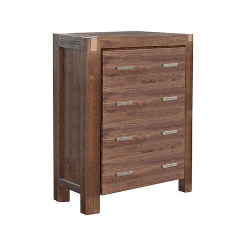 4 Pieces Bedroom Suite in Solid Wood Veneered Acacia Construction Timber Slat King Size Chocolate Colour Bed, Bedside Table & Tallboy - John Cootes