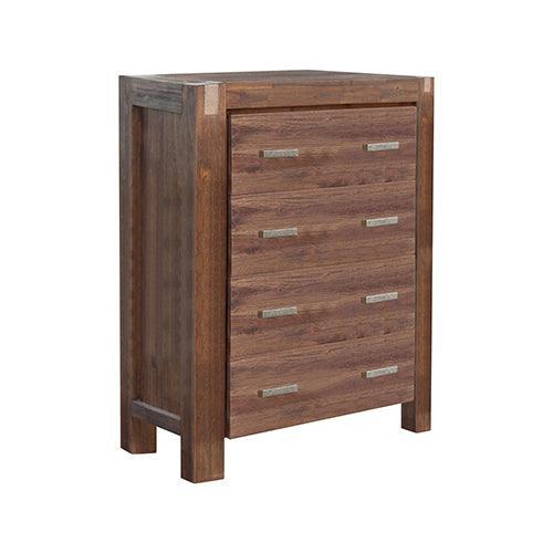 4 Pieces Bedroom Suite in Solid Wood Veneered Acacia Construction Timber Slat Queen Size Chocolate Colour Bed, Bedside Table & Tallboy - John Cootes