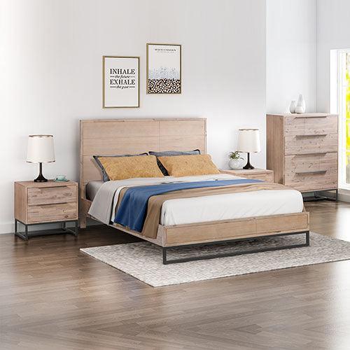 4 Pieces Bedroom Suite made in Solid Wood Acacia Veneered King Size Oak Colour 1X Bed, 2X Bedside Table & 1X Tallboy - John Cootes