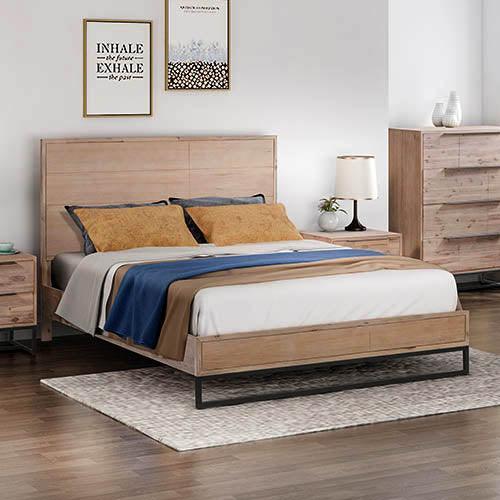 4 Pieces Bedroom Suite made in Solid Wood Acacia Veneered Queen Size Oak Colour 1XBed, 2X Bedside Table & 1XTallboy - John Cootes