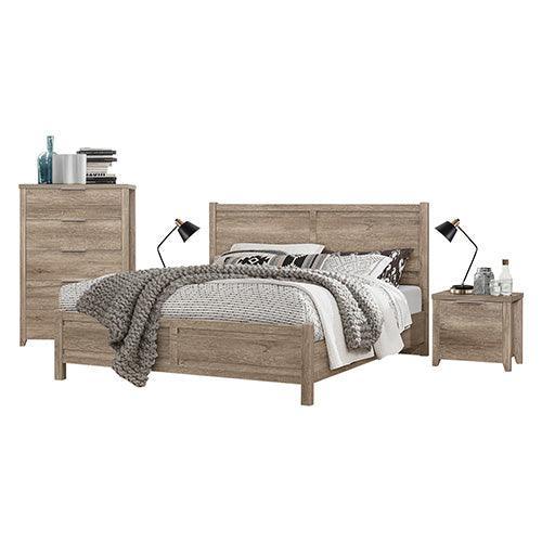 4 Pieces Bedroom Suite Natural Wood Like MDF Structure Queen Size Oak Colour Bed, Bedside Table & Tallboy - John Cootes