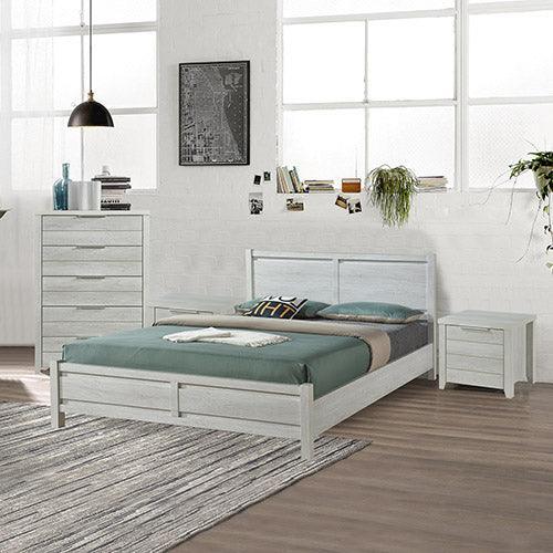 4 Pieces Bedroom Suite Natural Wood Like MDF Structure Queen Size White Ash Colour Bed, Bedside Table & Tallboy - John Cootes
