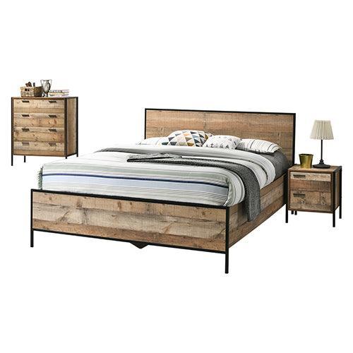 4 Pieces Bedroom Suite with Particle Board Contraction and Metal Legs Queen Size Oak Colour Bed, Bedside Table & Tallboy - John Cootes