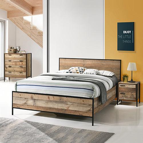 4 Pieces Bedroom Suite with Particle Board Contraction and Metal Legs Queen Size Oak Colour Bed, Bedside Table & Tallboy - John Cootes