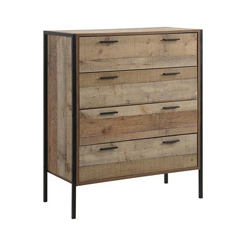 4 Pieces Bedroom Suite with Particle Board Contraction and Metal Legs Queen Size Oak Colour Bed, Bedside Table & Tallboy - John Cootes