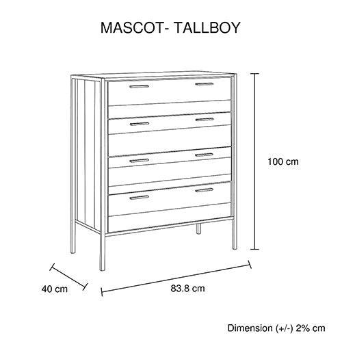 4 Pieces Bedroom Suite with Particle Board Contraction and Metal Legs Queen Size Oak Colour Bed, Bedside Table & Tallboy - John Cootes
