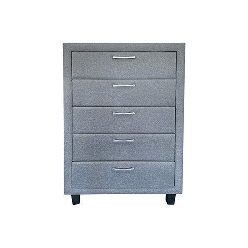 4 Pieces Storage Bedroom Suite Upholstery Fabric in Light Grey with Base Drawers King Size Oak Colour Bed, Bedside Table & Tallboy - John Cootes